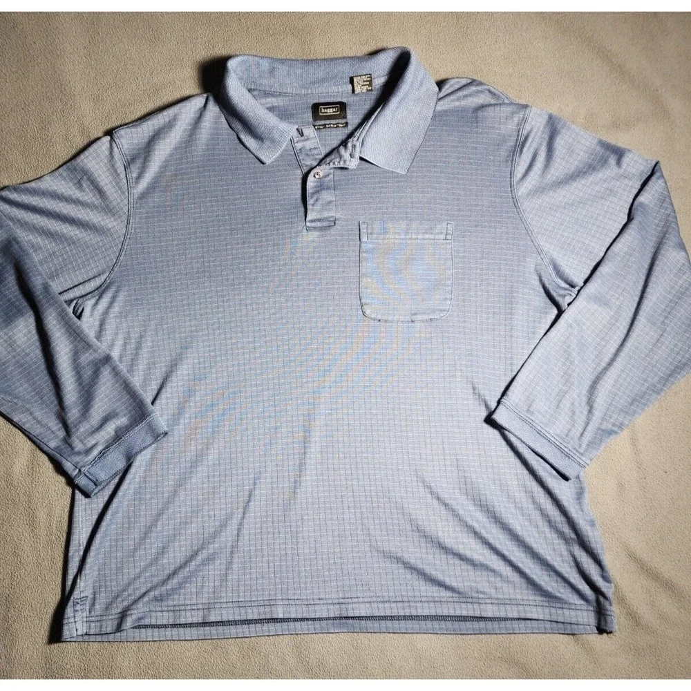 Haggar Polo Shirt Men XL Blue Collared Long Sleeve Quarter Buttons